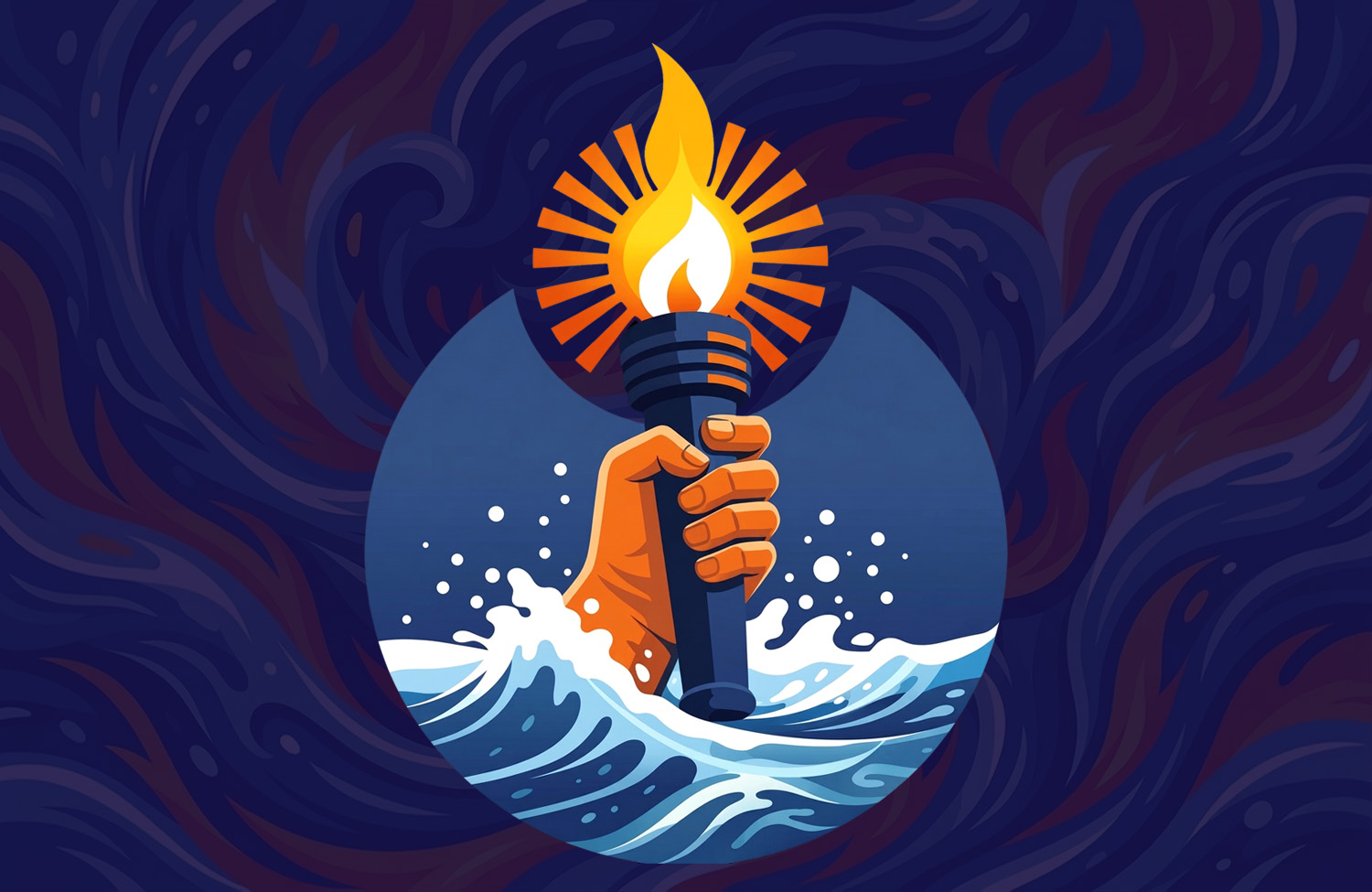 Image of an orange hand coming out of waves and holding a flaming torch.
